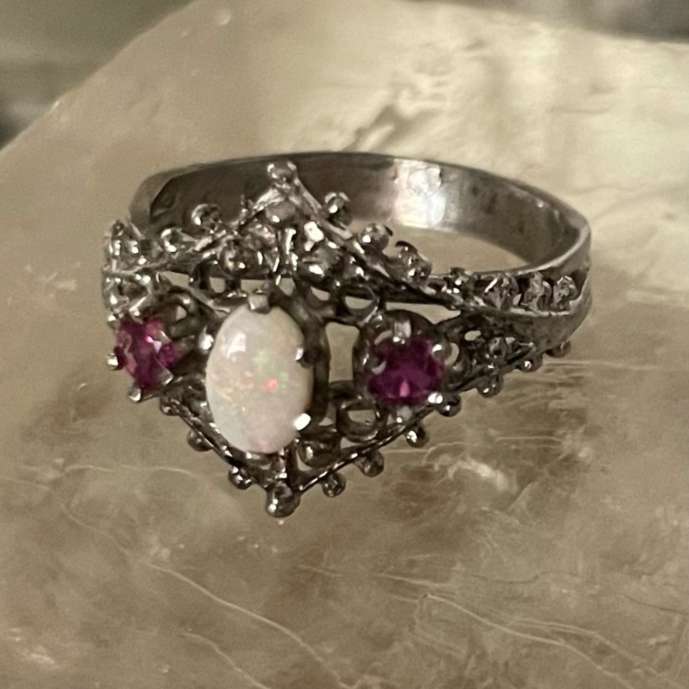 Vintage Opal & Pink Sapphire Silvertone Ring